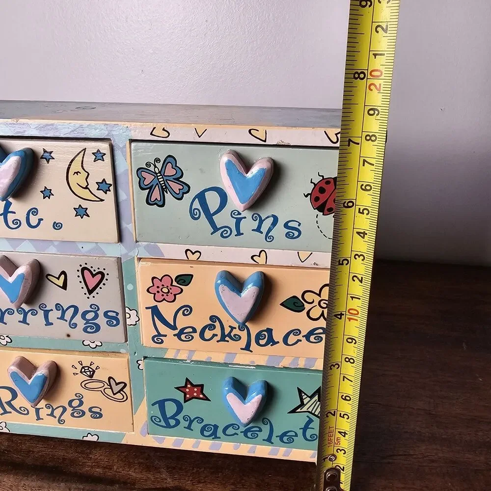 Vintage Lillian Vernon Y2K Girls Wooden Jewelry Chest 6 Drawer Heart Pulls